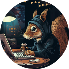 Squirreleye LLC mark: a squirrel in a hoodie working at a laptop